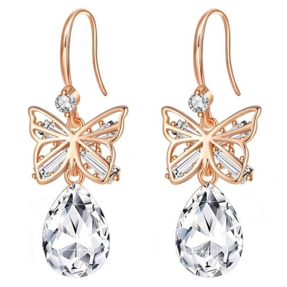14K Rose Gold with White Diamond Austrian Crystal Butterfly Teardrop Earrings